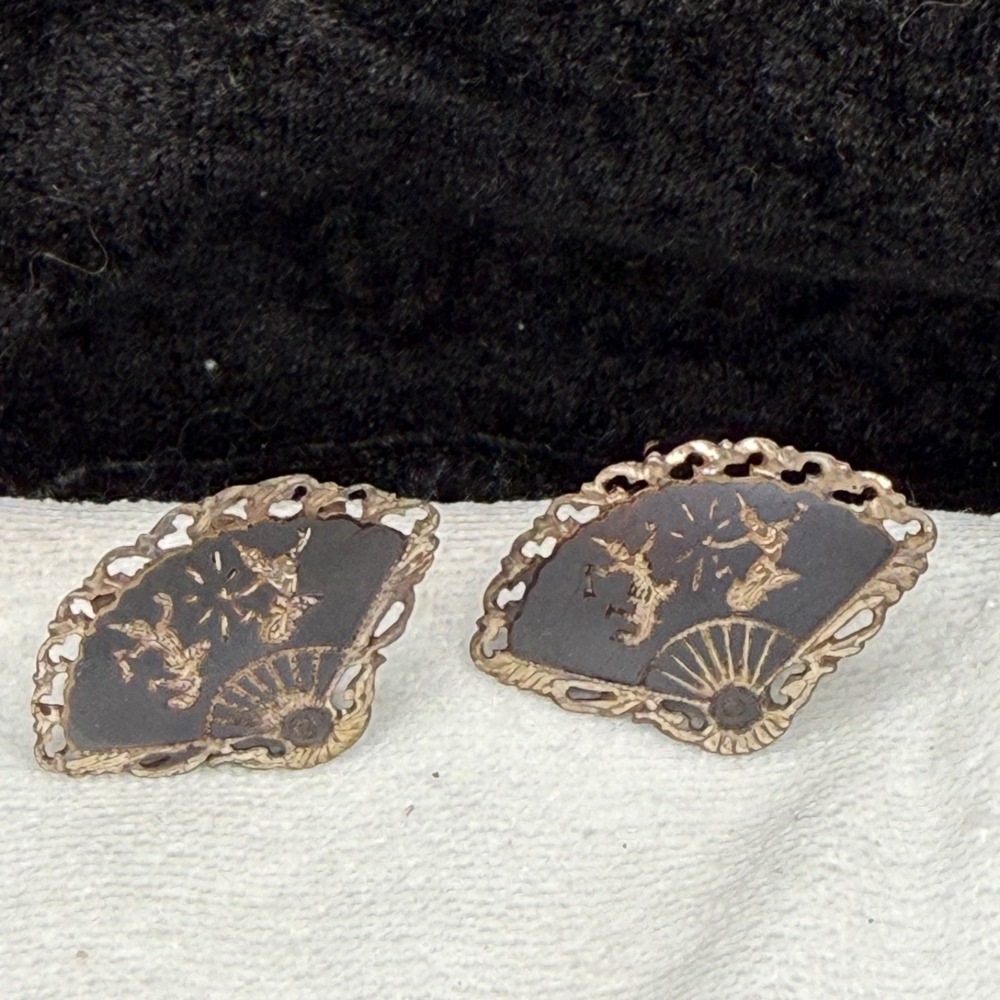 Vintage Siam Sterling Silver Screw Back Earrings‎ Enamel Fan Ethnic